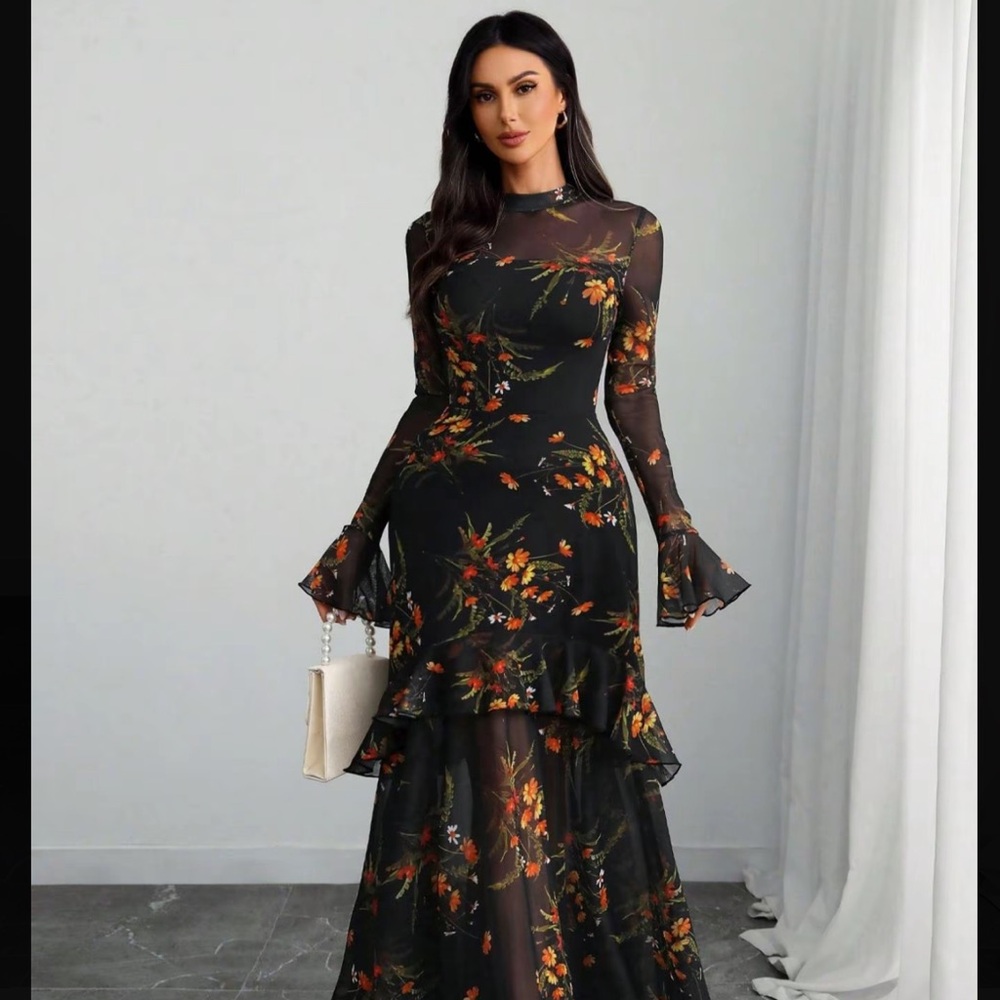 Floral Black Sheer Maxi Dress